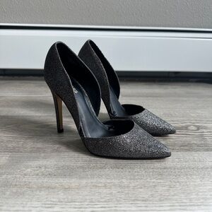 Experess  Black Silver Glitter Heels 7
